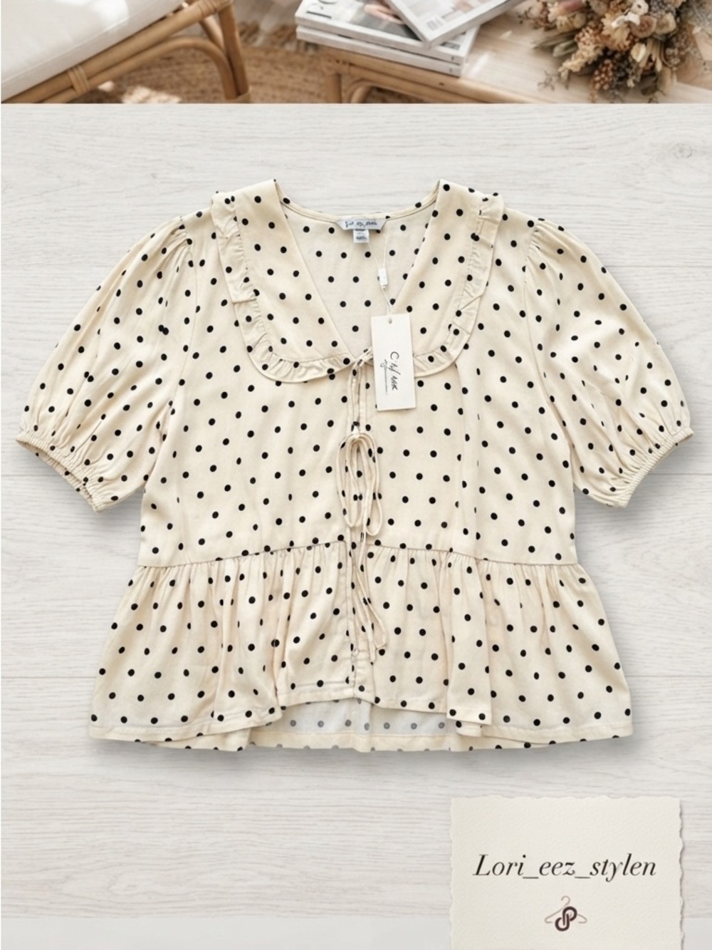 Cream Polka Dot Ruffle Tie-Front Blouse